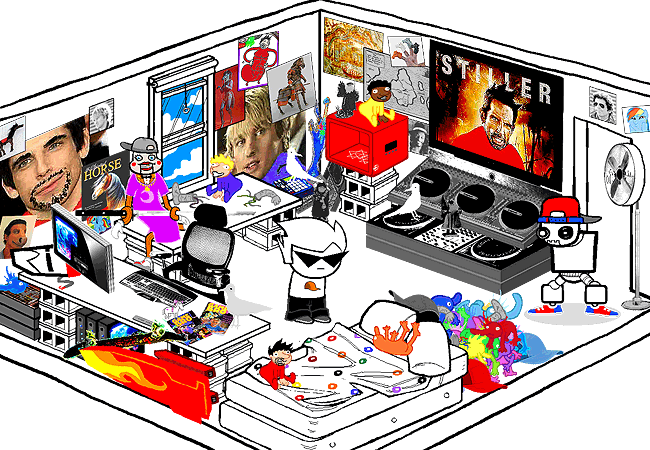 Dirk Strider stands in the middle of his room. Dirk is a boy, with spikey hair and triangle sunglasses. 
    His room is littered with puppets, posters, and robotics
    Lil Cal, a puppet, sits on the shelf with a katana.